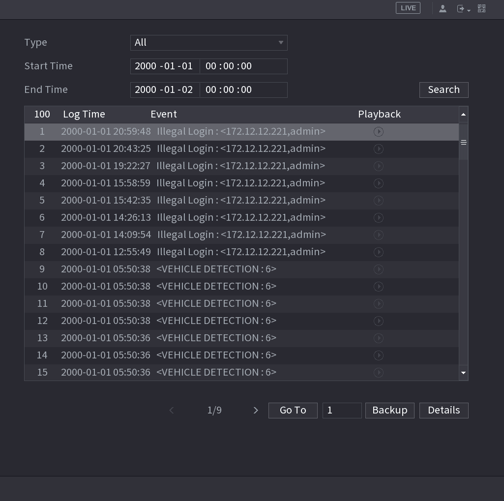 ALARM INFO log list with Type, Start Time and End Time filters and a Playback column