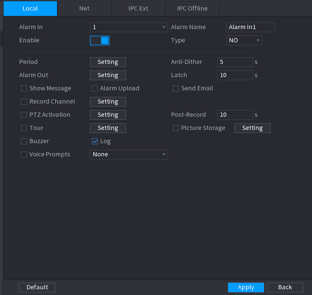 ALARM INPUT interface with local alarm configuration options