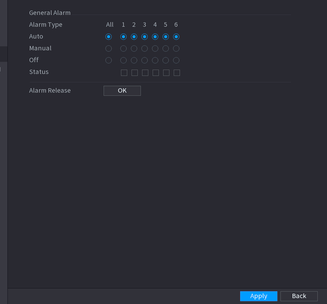 ALARM OUTPUT interface with Auto, Manual and Off modes and an Alarm Release button
