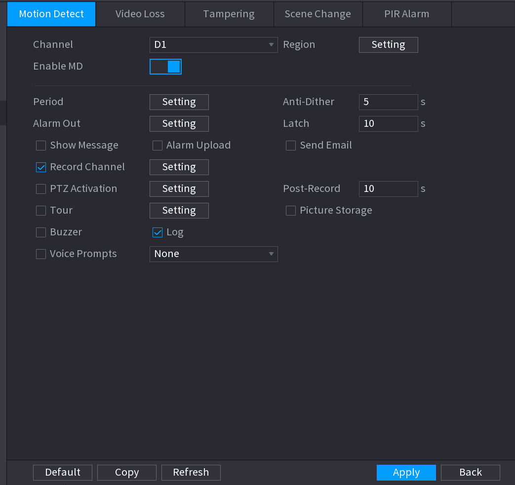 Motion Detect interface with Channel, Enable MD, Period, Alarm Out and linkage options