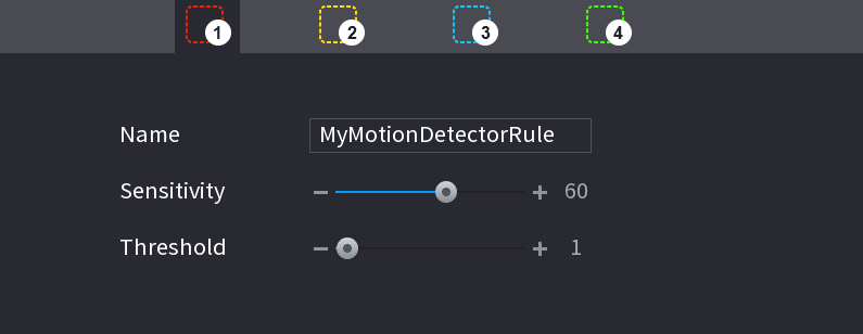 Region setting bar with four numbered region selectors and Name, Sensitivity and Threshold controls