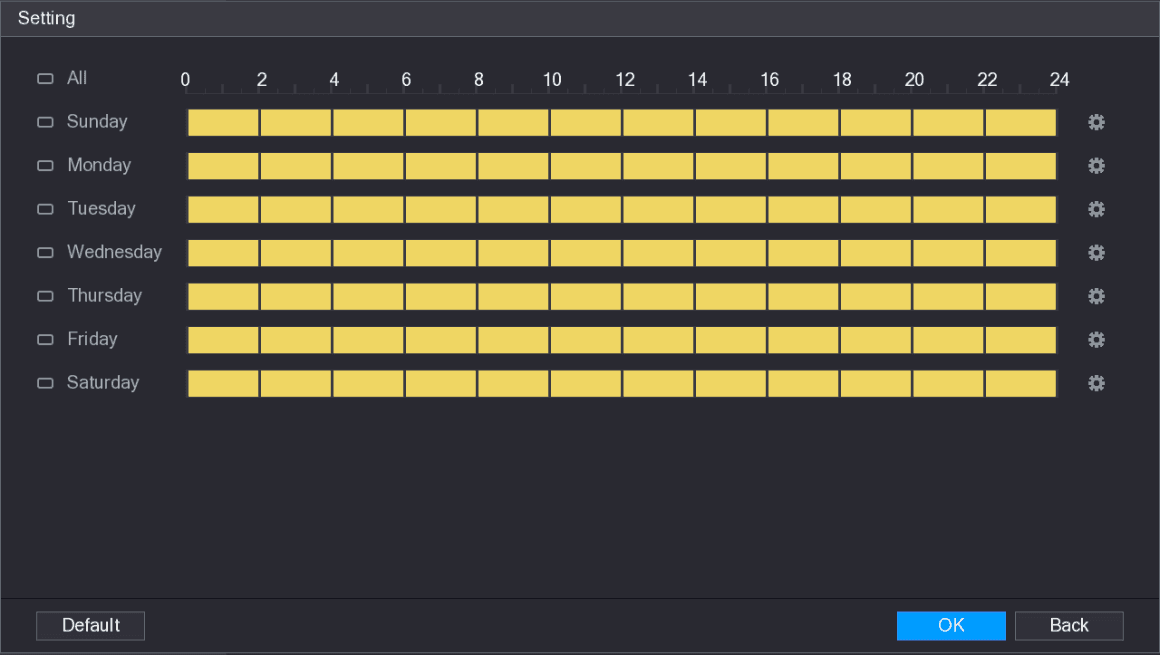Period Setting interface with a weekly timeline from 0 to 24 hours for each day