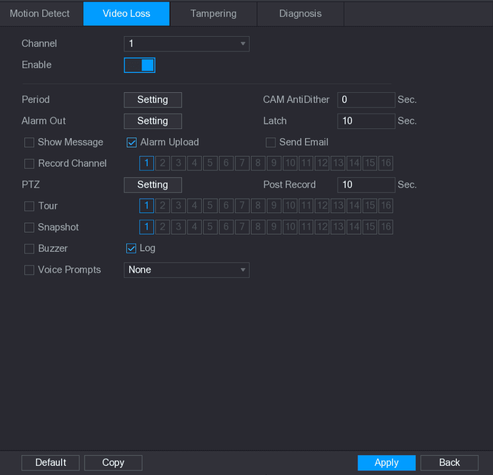 Video Loss detection interface with Channel and alarm linkage options