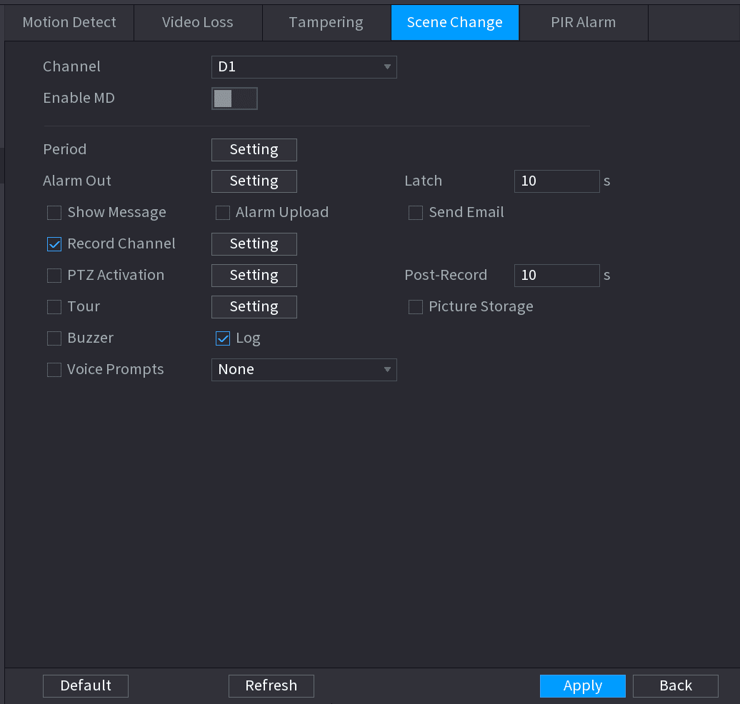 Scene Change detection interface with Channel and alarm linkage options