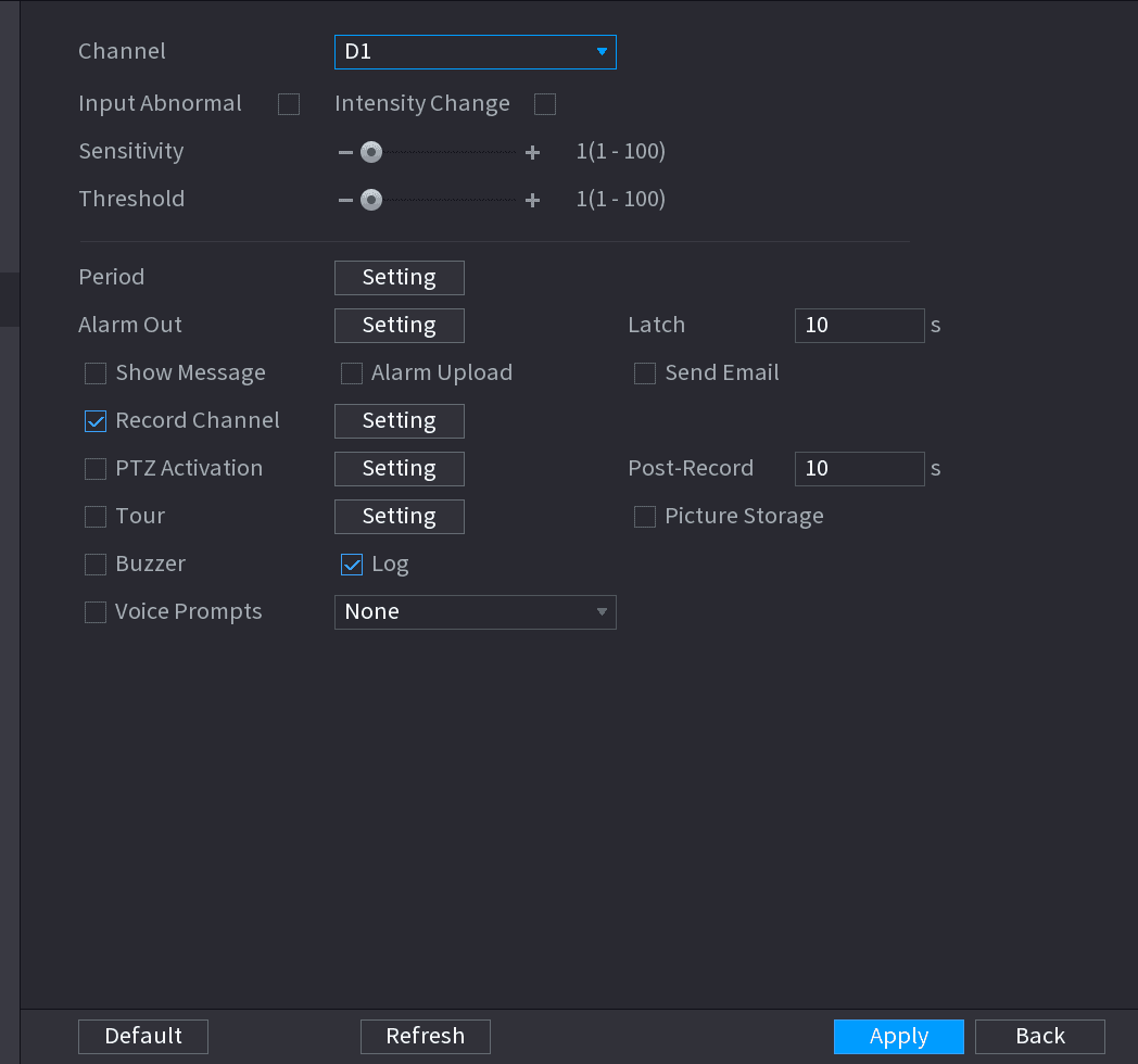 AUDIO DETECT interface with Input Abnormal, Intensity Change, Sensitivity and Threshold controls