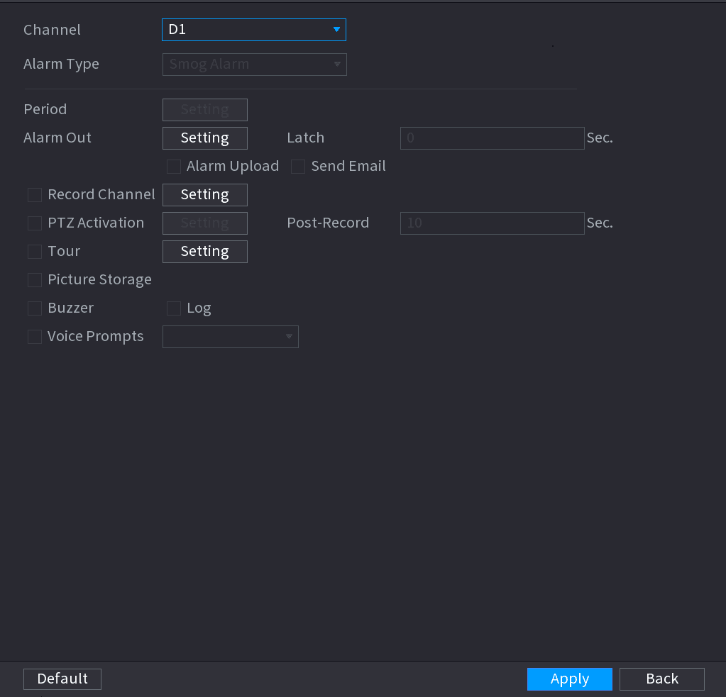 THERMAL ALARM interface with Channel, Alarm Type and alarm linkage options