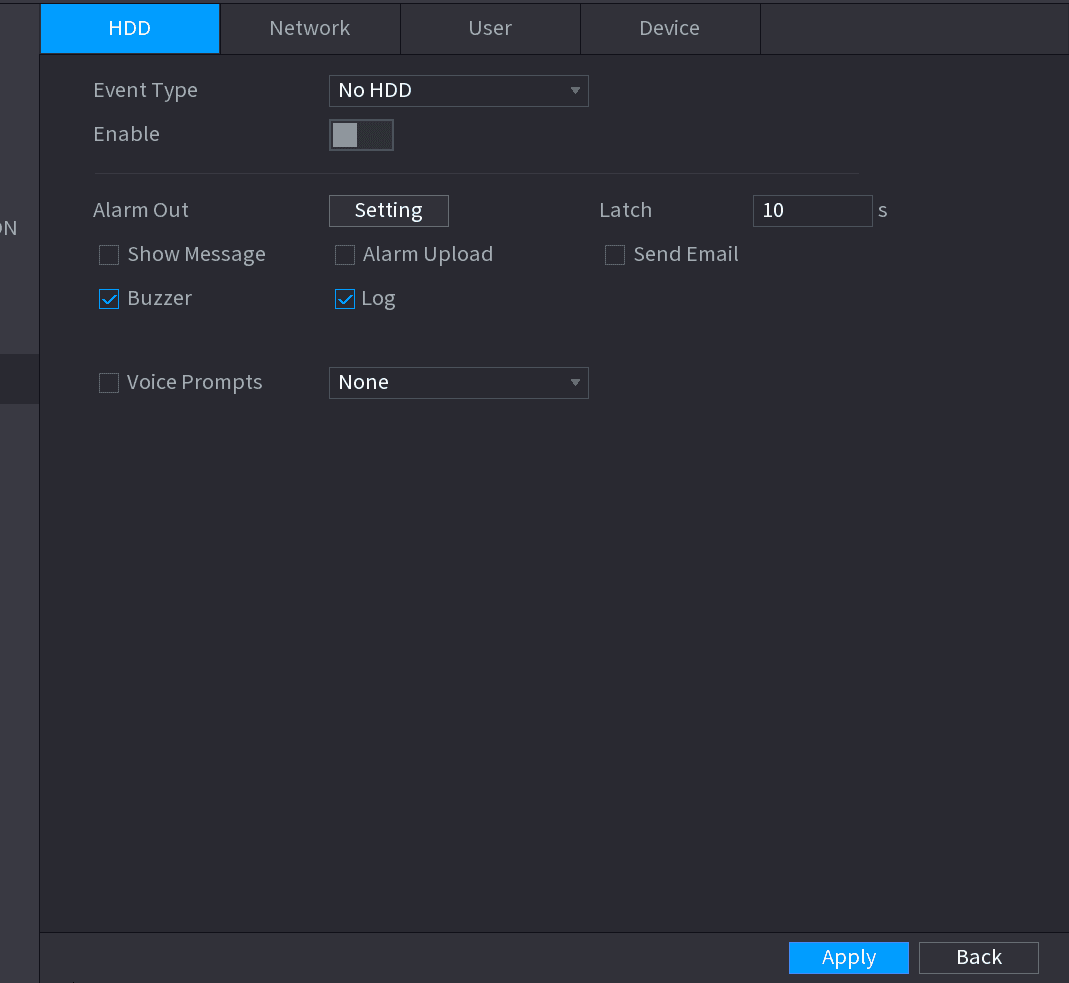 Abnormality HDD tab with Event Type, Enable and alarm linkage options