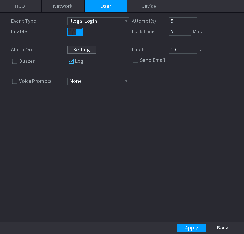 Abnormality User tab for Illegal Login events with Attempts and Lock Time settings