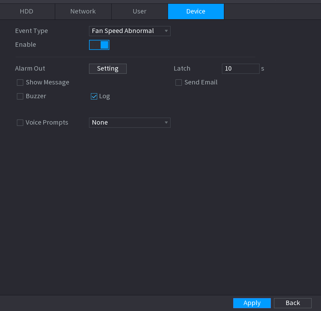 Abnormality Device tab for Fan Speed Abnormal and network security events