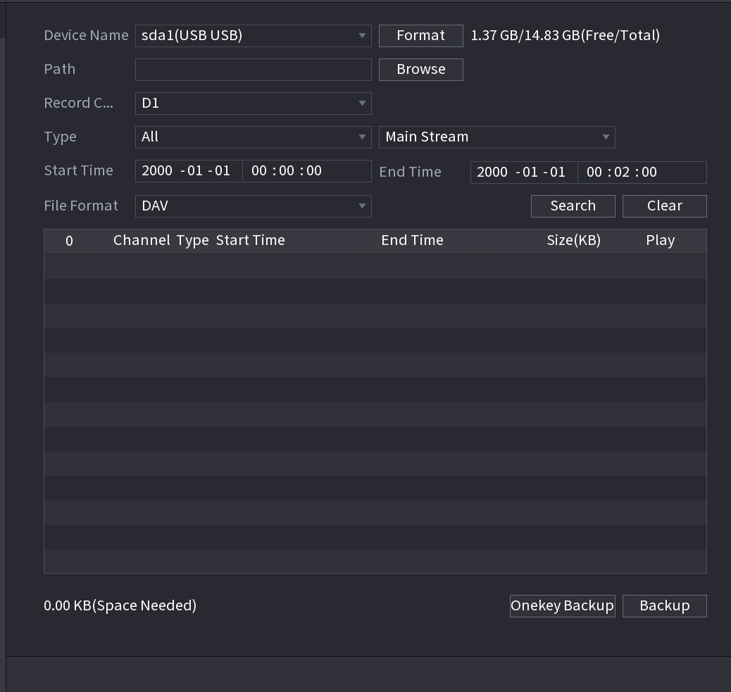 Backup interface showing device name, path, record channel, type, start and end time, file format and search results list