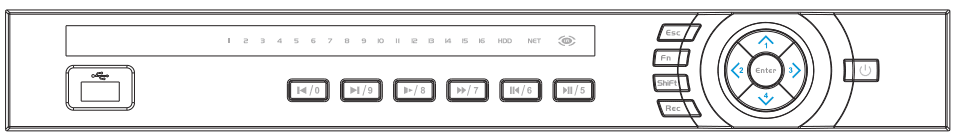 Beneficio 1U front panel with power button, navigation keys, playback keys, USB port and indicator lights