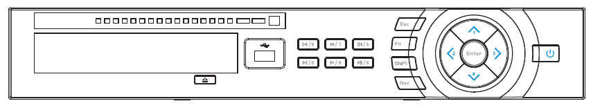 Beneficio 1.5U front panel with power button, navigation and playback keys, USB port and indicator lights