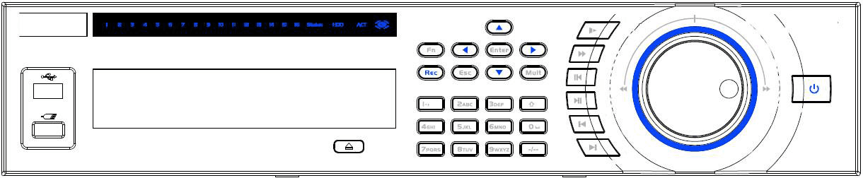 Beneficio 2U front panel with power button, number keys, navigation keys, shuttle/jog dial, USB port and indicator lights