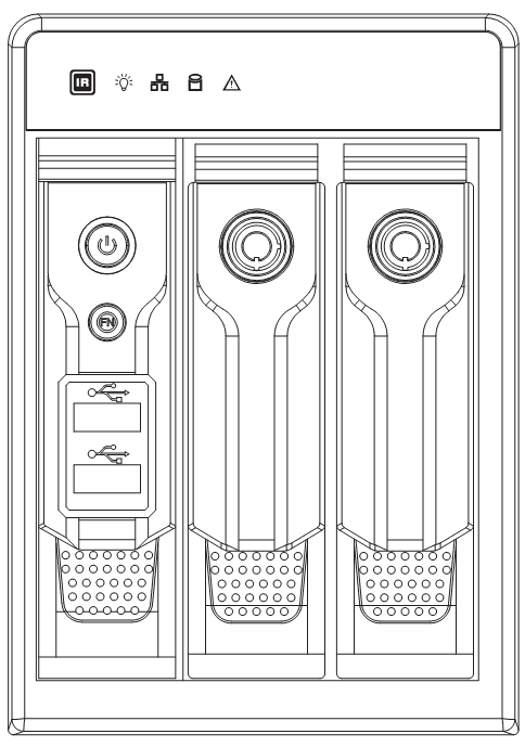 Beneficio Vertical 1U front panel with power button, Fn key, USB 2.0 port, IR receiver and indicator lights in a vertical tower layout