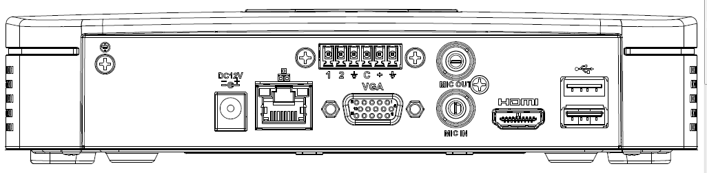 4K Smart 1U (S2) general series rear panel with USB, network, HDMI, VGA, GND, power, MIC IN and MIC OUT ports