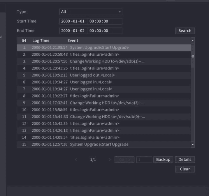 LOG interface with Type, Start Time, and End Time fields above a table of log entries