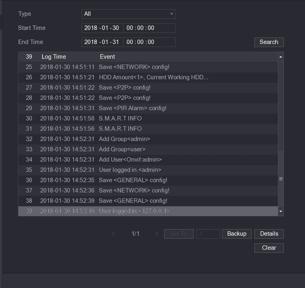 LOG interface showing a list of search results with log time and event entries