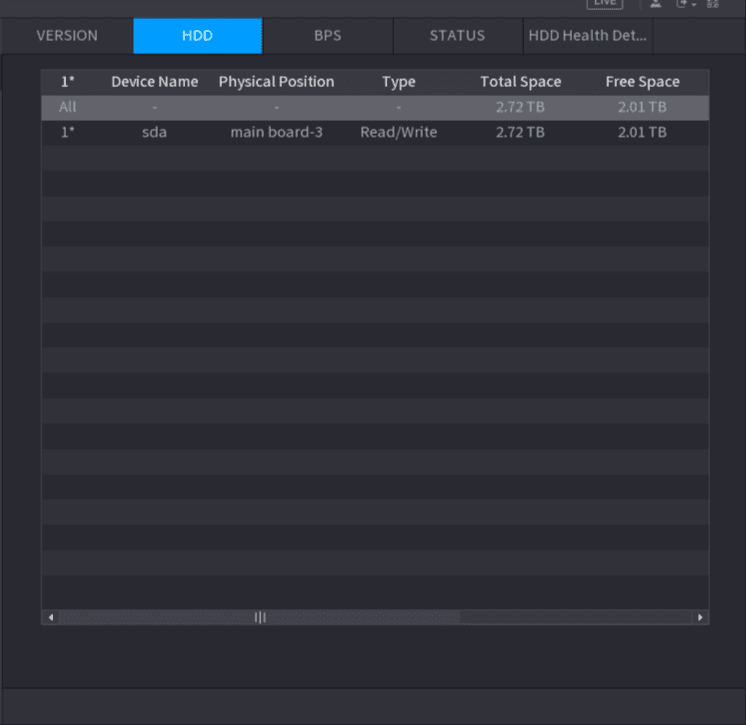 HDD interface listing connected hard disk drives with number, device name, physical position, type, total space, free space, and status