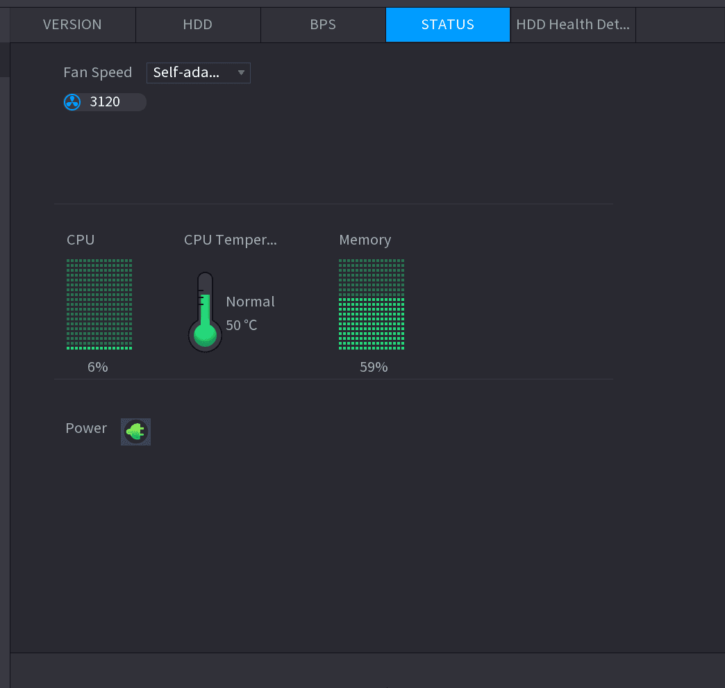 Status interface displaying fan speed, CPU temperature, and memory information