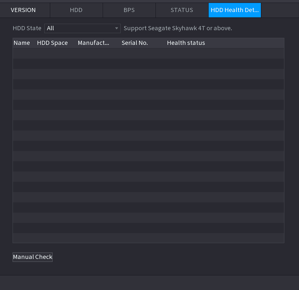 HDD Health Detection interface with an HDD State filter and a table of Name, HDD Space, Manufacturer, Serial No., and Health status