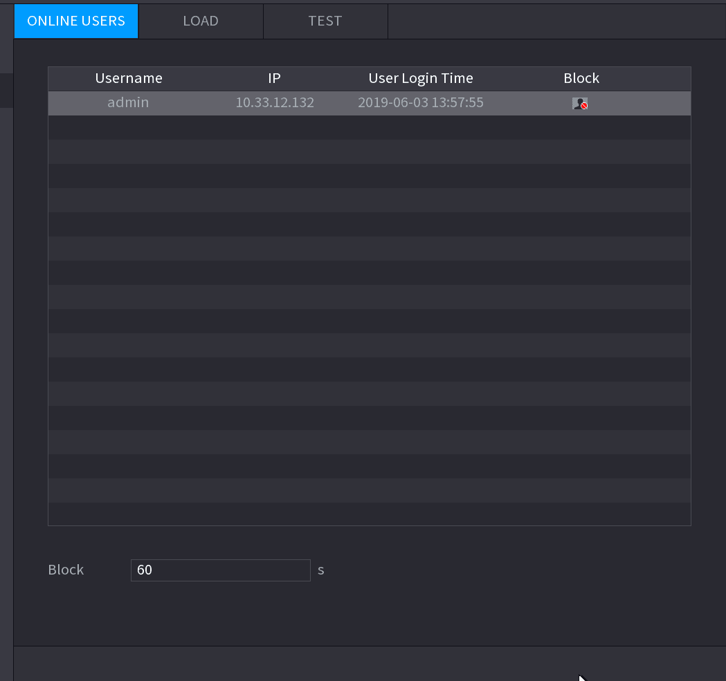 Online Users interface listing each logged-in user with username, IP address, user login time, and a block icon, plus a Block duration field