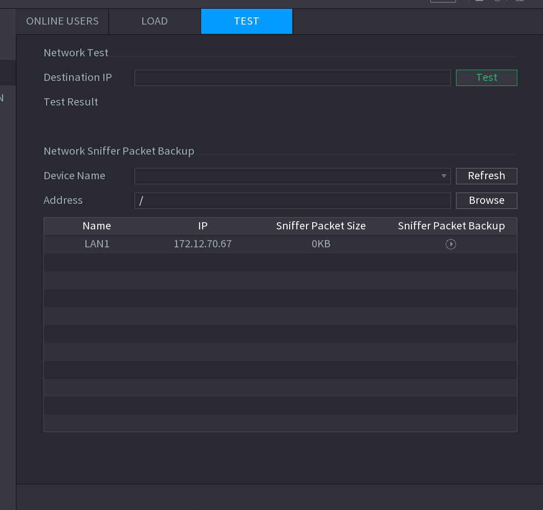 TEST interface with a Network Test section containing a Destination IP field and Test button, and a Network Sniffer Packet Backup section