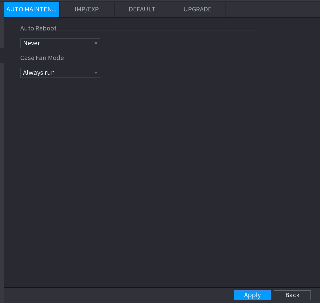 AUTO MAINTAIN interface with Auto Reboot and Case Fan Mode lists