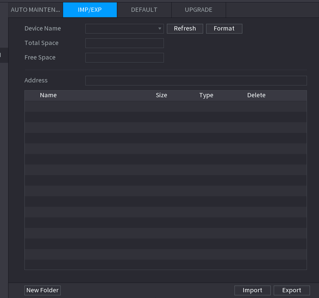 IMP/EXP interface with Device Name, Total Space, Free Space, Address, and a file list, plus Import, Export, Format, and Refresh buttons