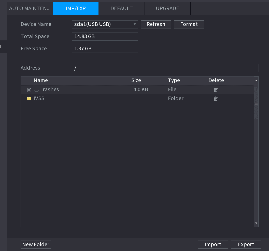 IMP/EXP interface showing the connected USB storage device with its space information and file list