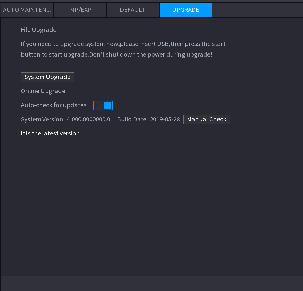 UPGRADE interface with a File Upgrade section and System Upgrade button, and an Online Upgrade section