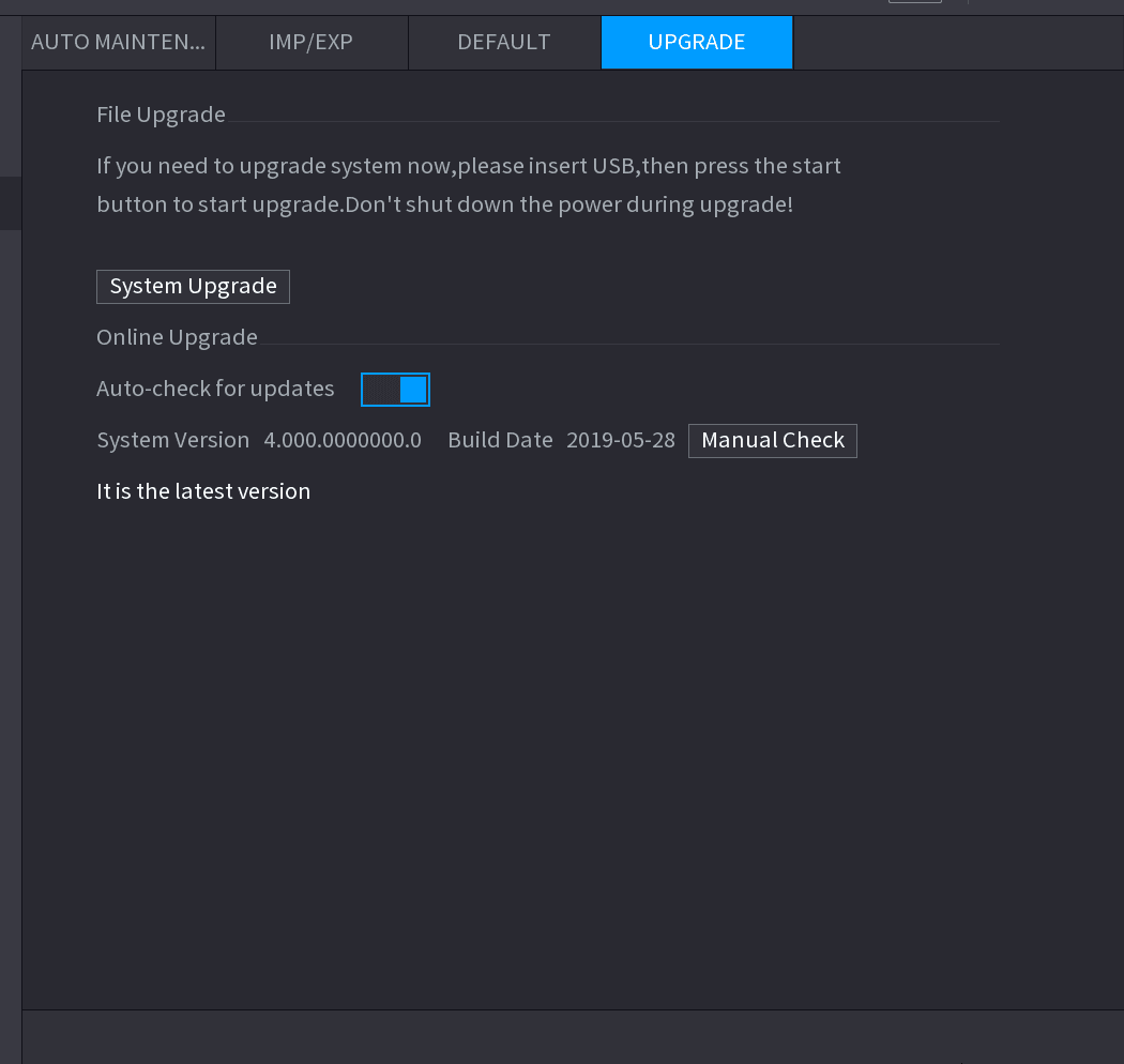 UPGRADE interface showing the Online Upgrade section with Auto-check for updates switch, System Version, Build Date, and Manual Check button