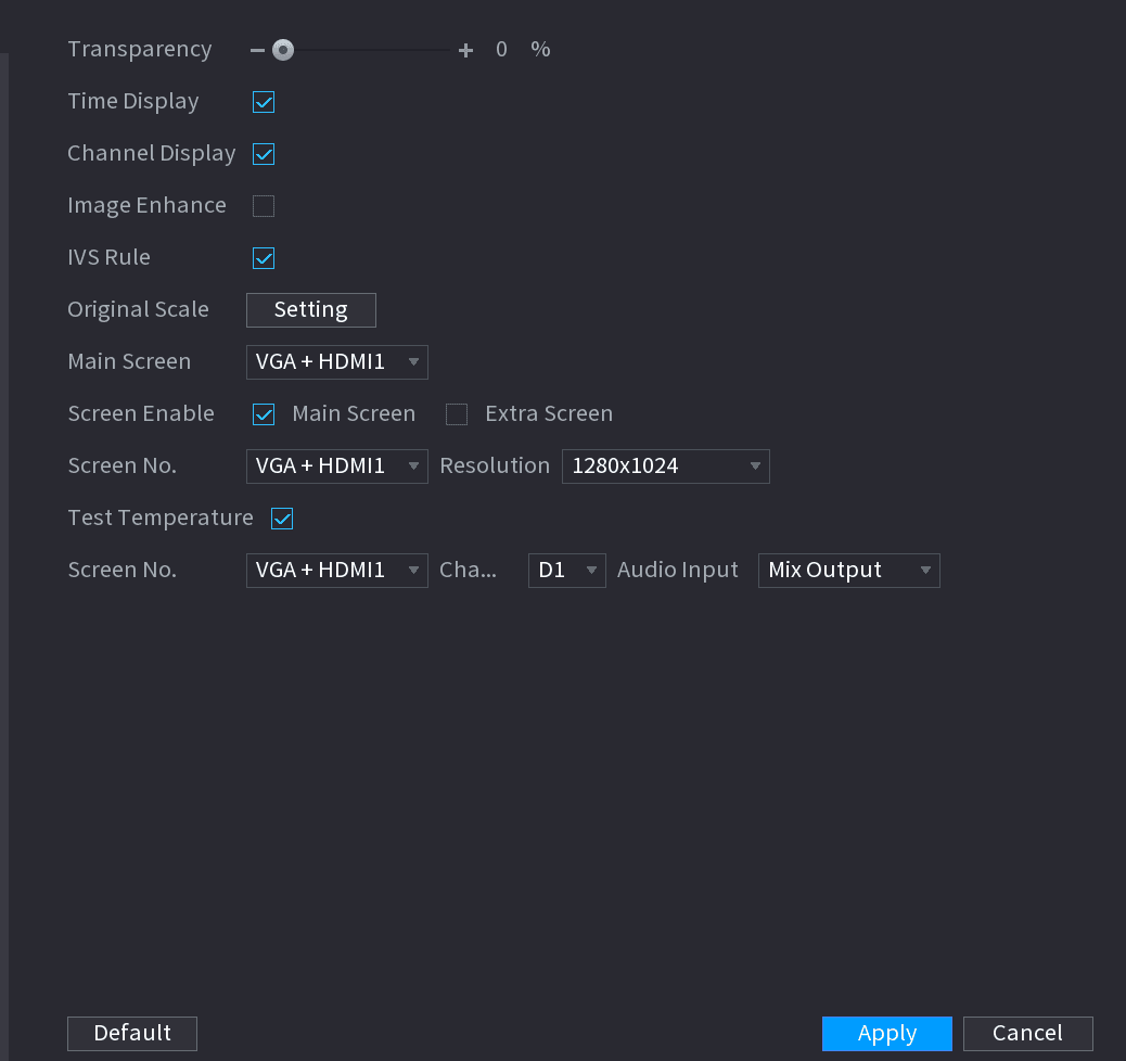 Display interface showing transparency, time and channel display, resolution, and audio input settings