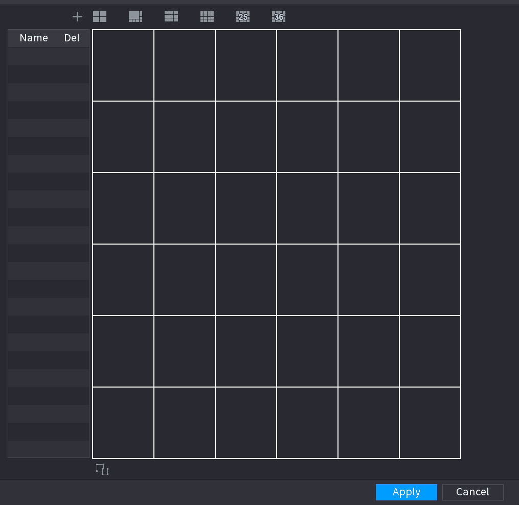 Custom Split mode-selection grid with split layout icons and an empty name list