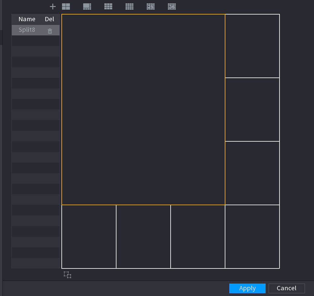 Merged Split8 layout with one large window highlighted in orange and smaller surrounding windows