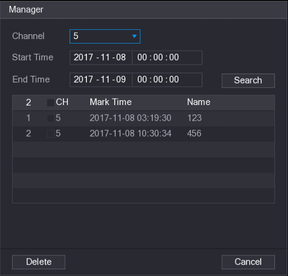Mark Manager interface with Channel selector, Start Time and End Time fields, a Search button, a list of mark entries showing channel, mark time, and name, and Delete and Cancel buttons