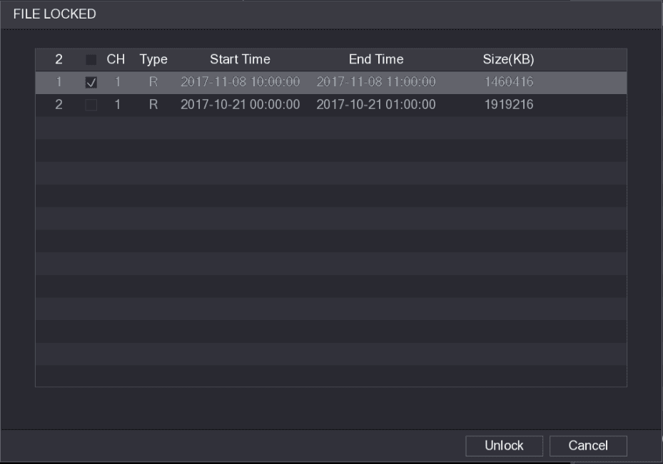 FILE LOCKED interface listing locked record files with channel, type, start time, end time, and size, plus Unlock and Cancel buttons