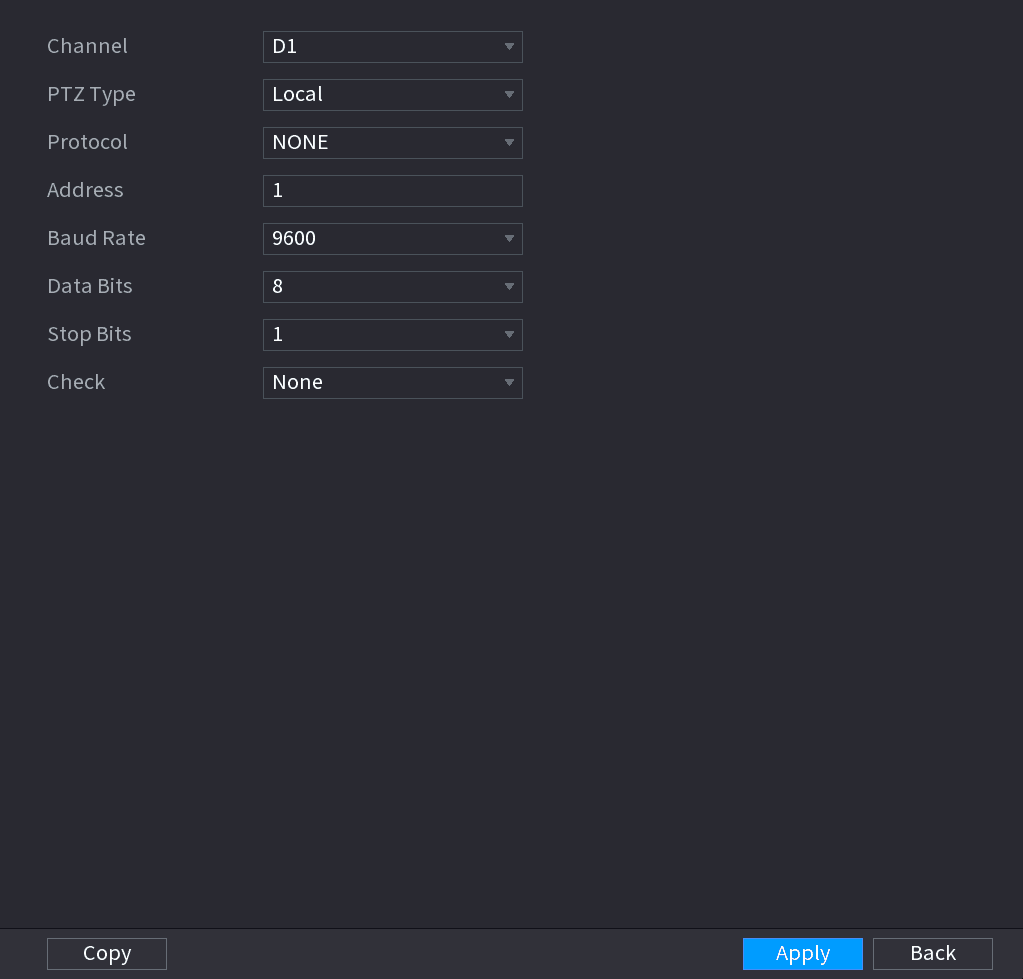 PTZ settings interface with PTZ Type set to Local, showing Channel, Protocol, Address, Baud Rate, Data Bits, Stop Bits, and Check fields