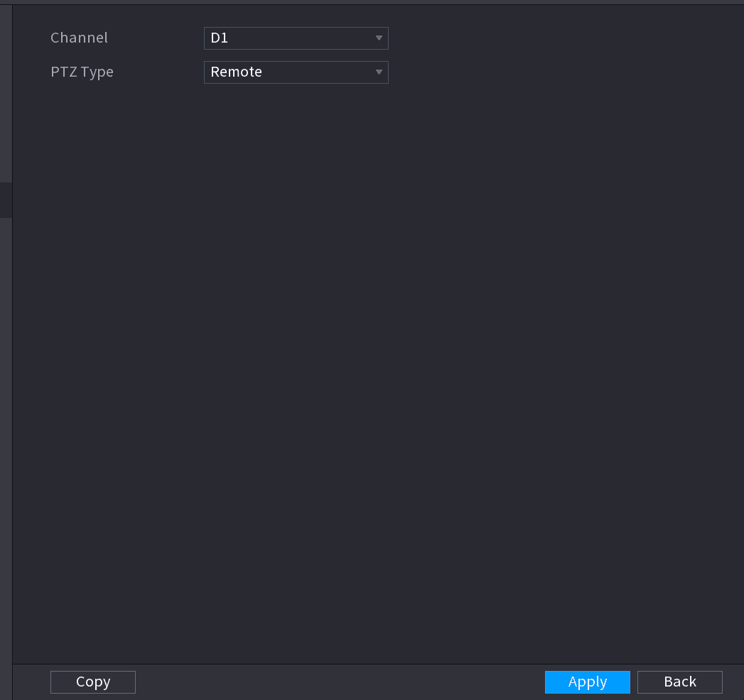 PTZ settings interface with PTZ Type set to Remote, showing only the Channel and PTZ Type fields