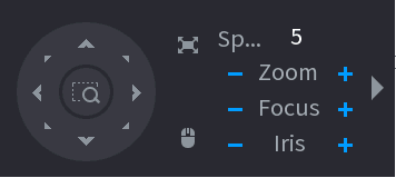 Basic PTZ control panel showing the eight-direction pad, Speed value, and Zoom, Focus, and Iris controls