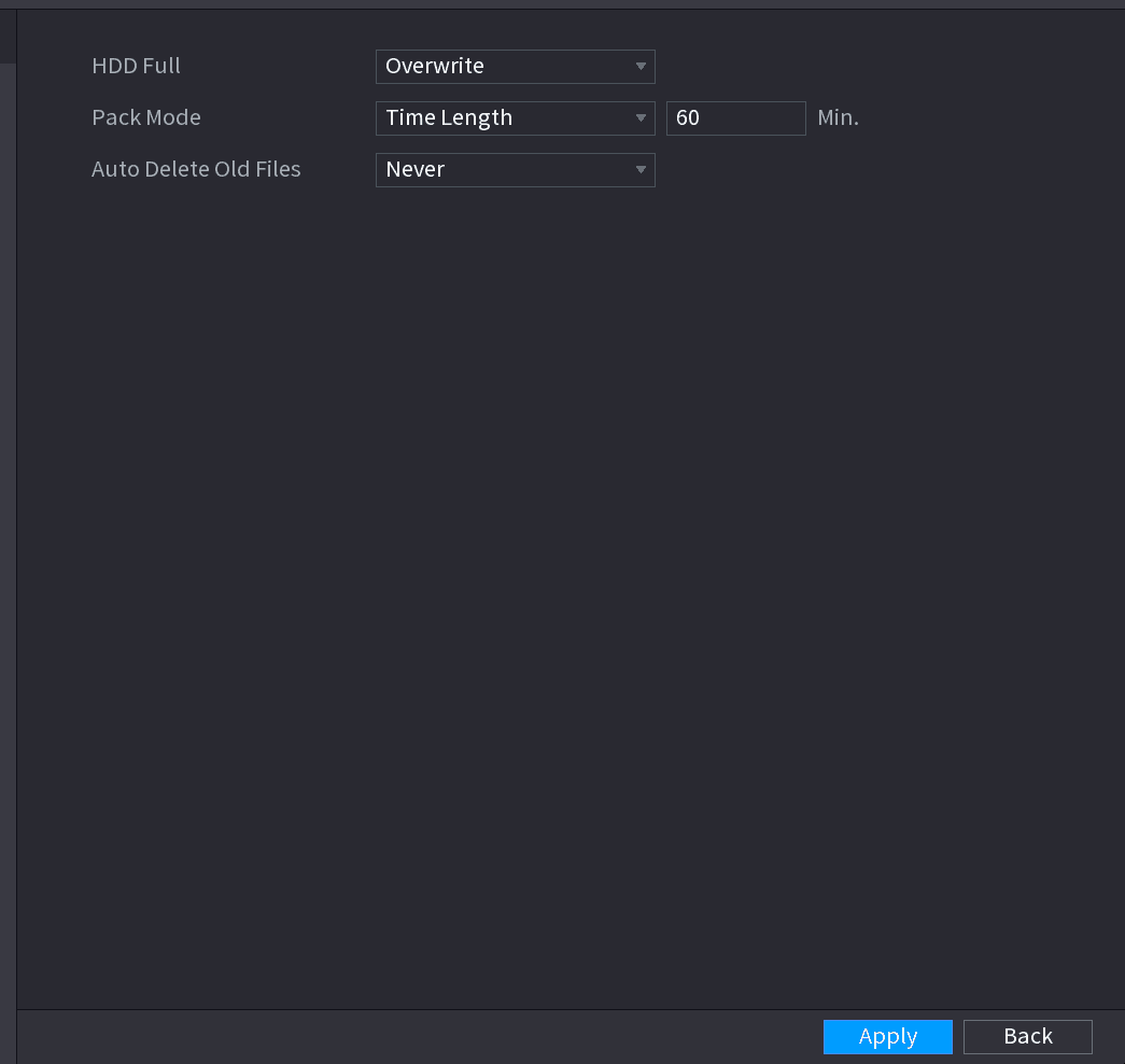 Basic storage settings with HDD Full, Pack Mode, and Auto Delete Old Files dropdowns