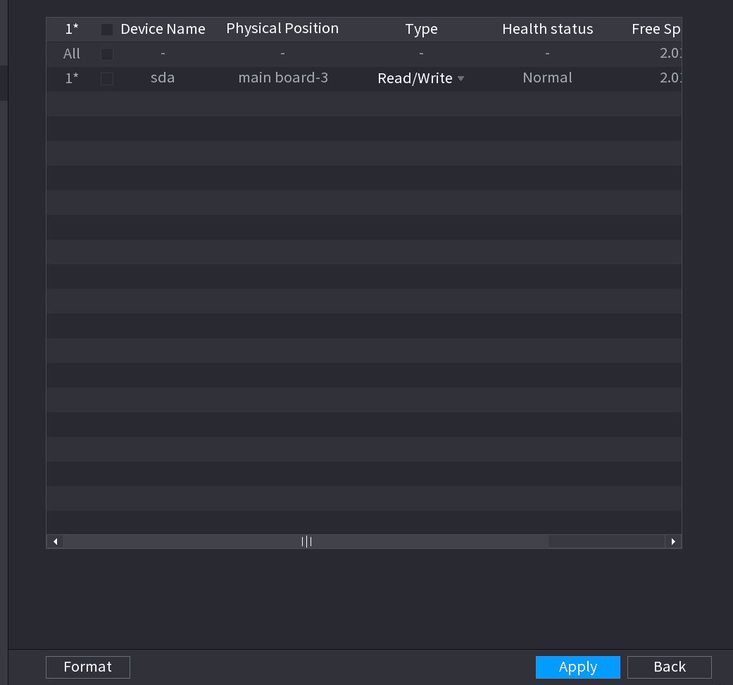 HDD Manager list showing device name, physical position, type, health status, and free space