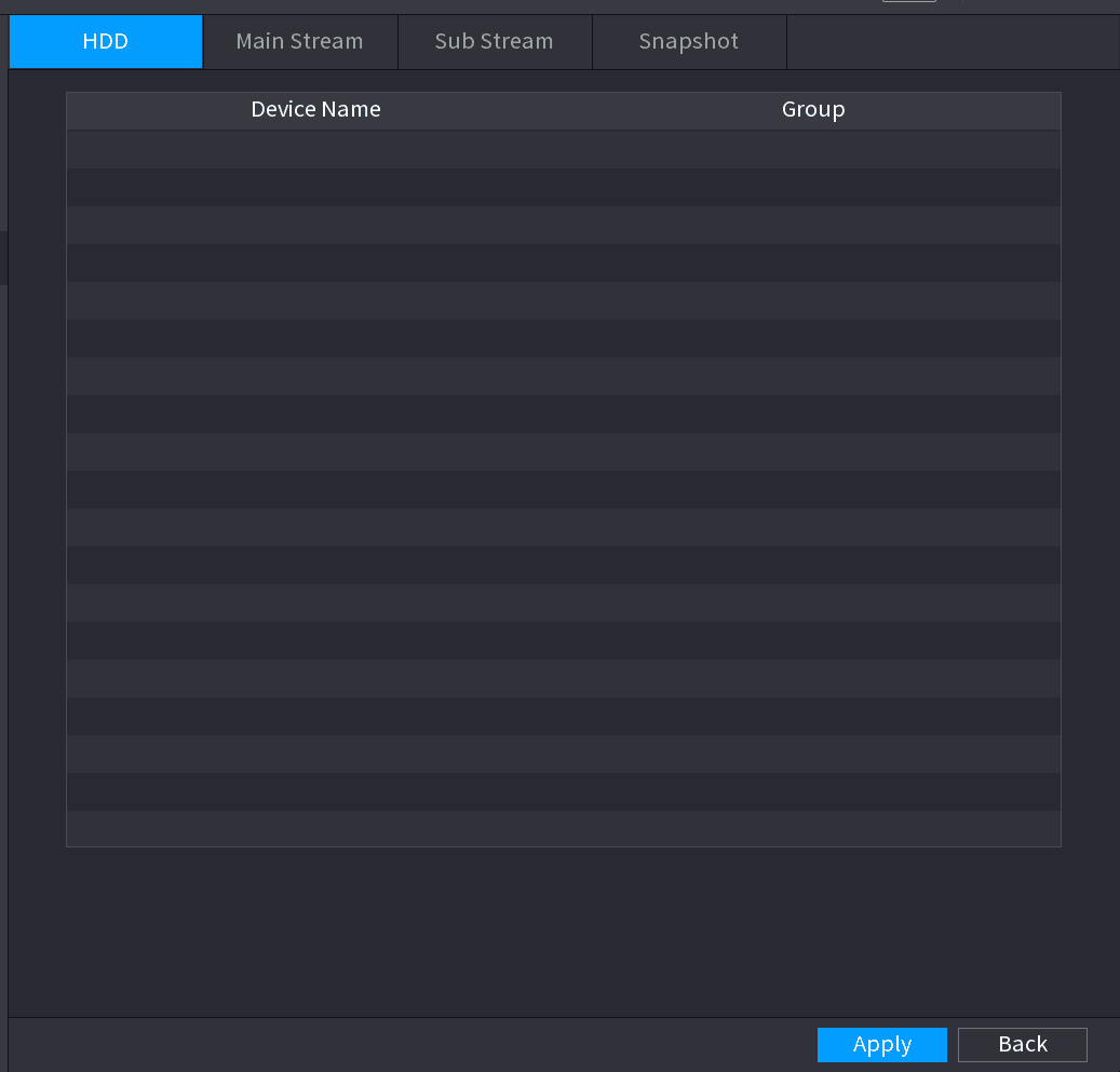 Advanced HDD group interface with HDD, Main Stream, Sub Stream, and Snapshot tabs