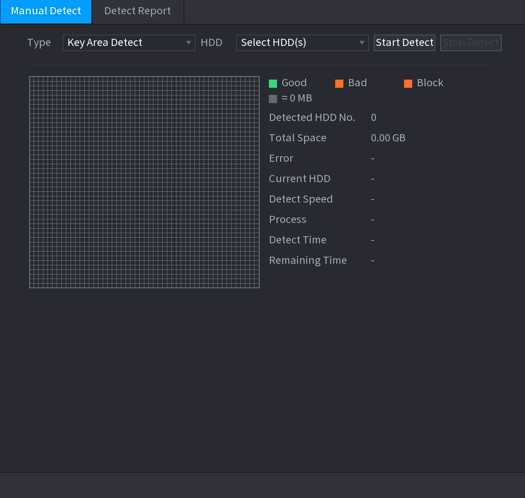 Manual Detect interface with detection type and HDD selection