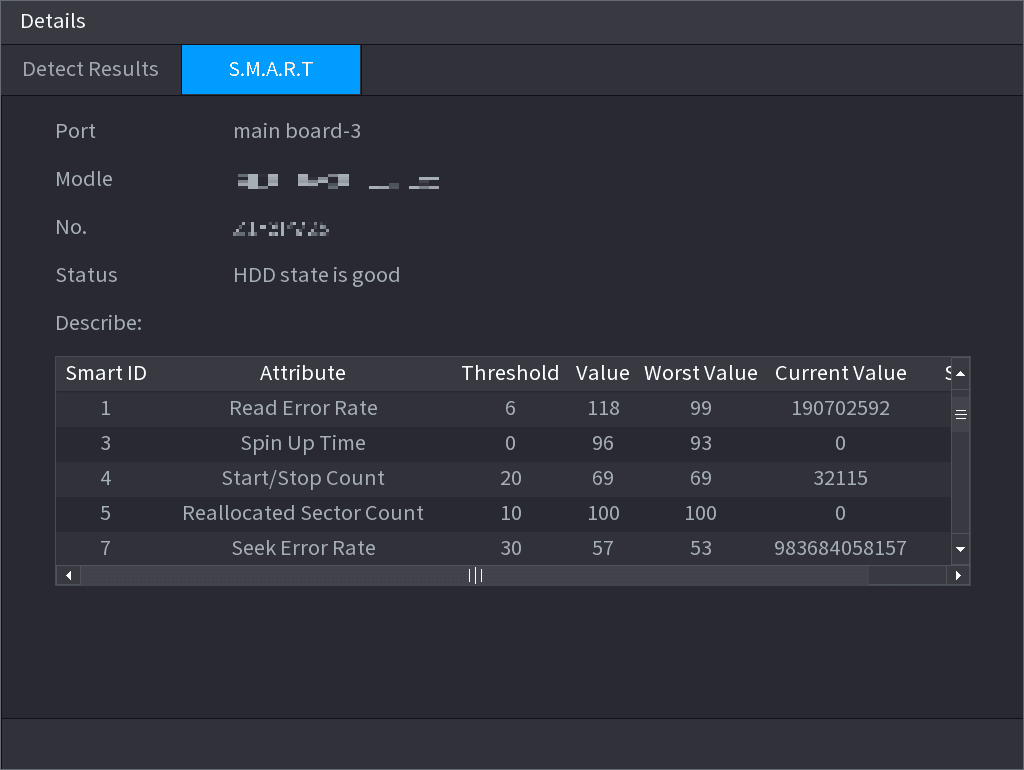 S.M.A.R.T tab listing HDD attributes with threshold, value, worst value, and current value
