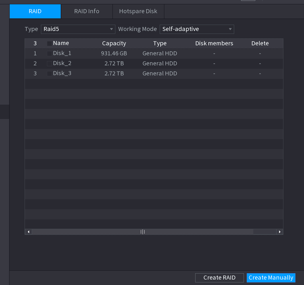 RAID interface with Create RAID and Create Manually options and disk list