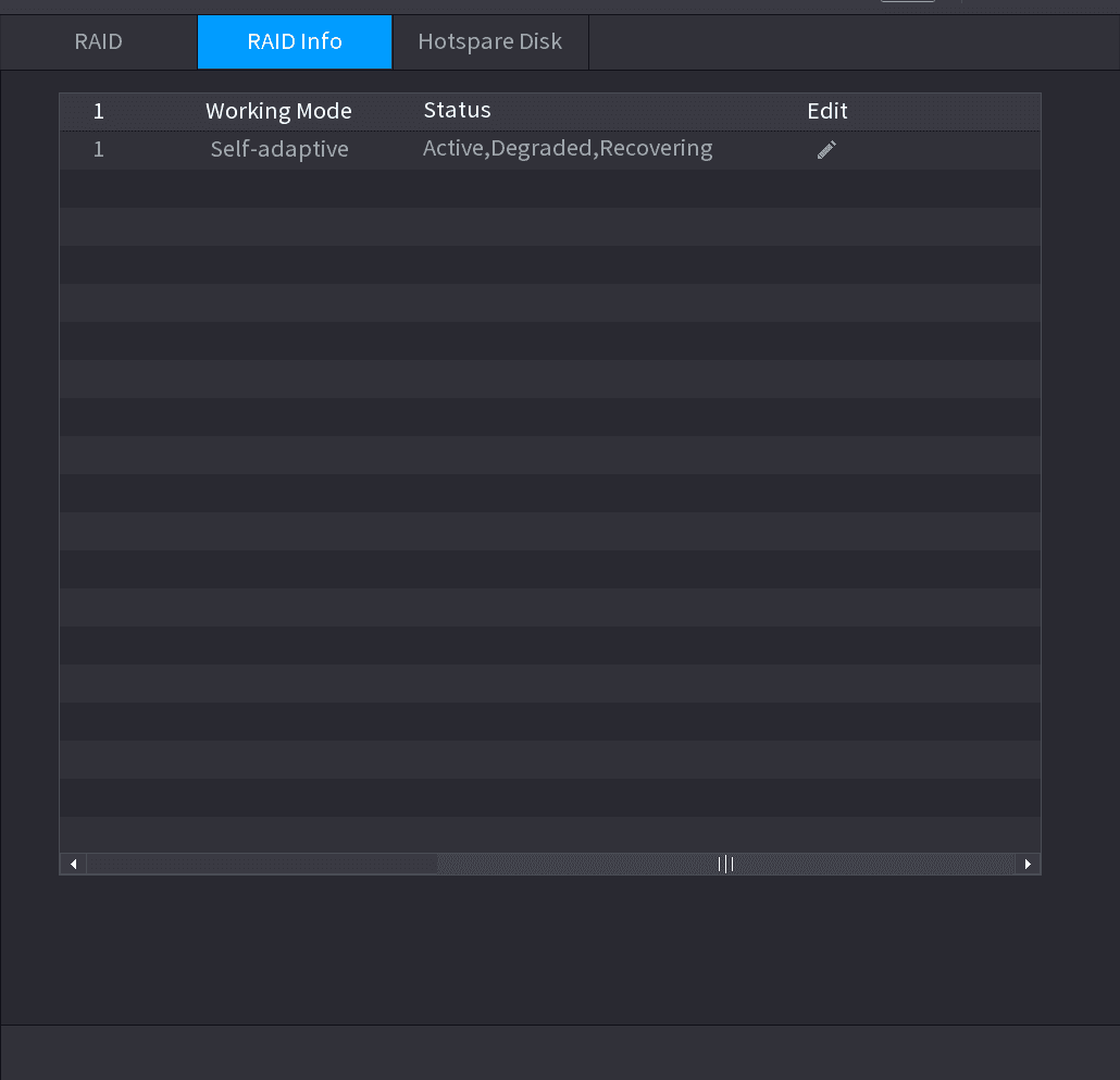 RAID Info interface showing RAID type, disk space, hot spare, and status