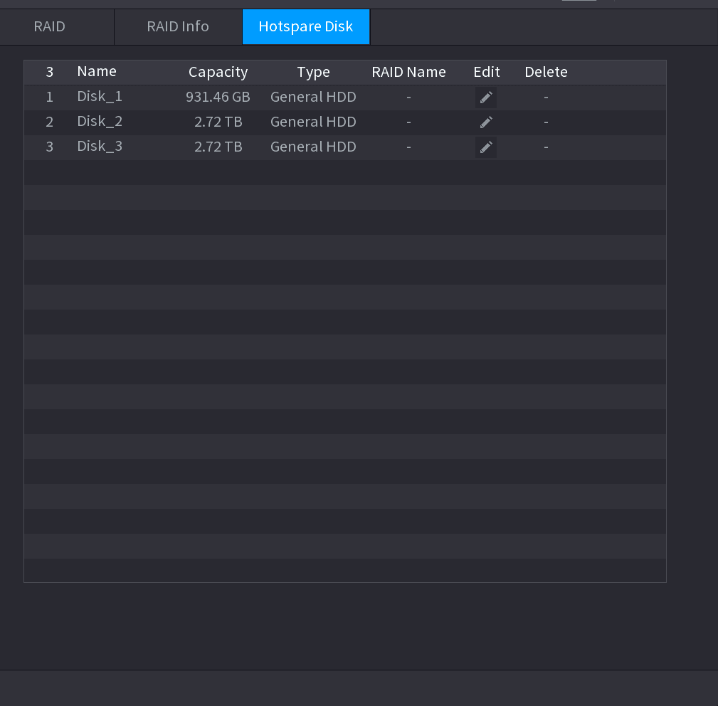Hotspare Disk interface with the disk list and add icons