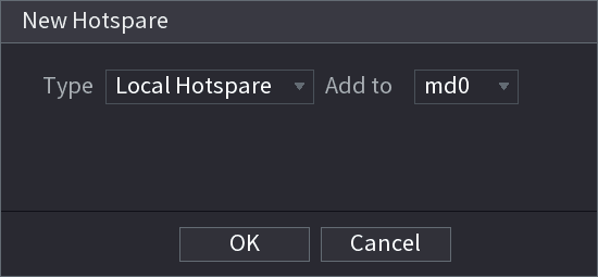 New Hotspare dialog with Type set to Local Hotspare and Add to disk selection