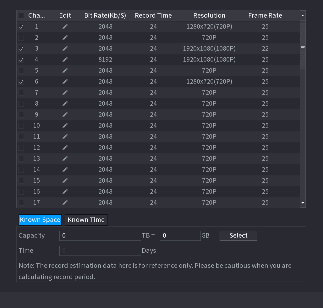REC ESTIMATE interface listing channels with resolution, frame rate, and bit rate