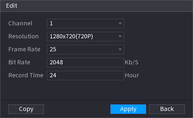 Edit dialog with Channel, Resolution, Frame Rate, Bit Rate, and Record Time fields